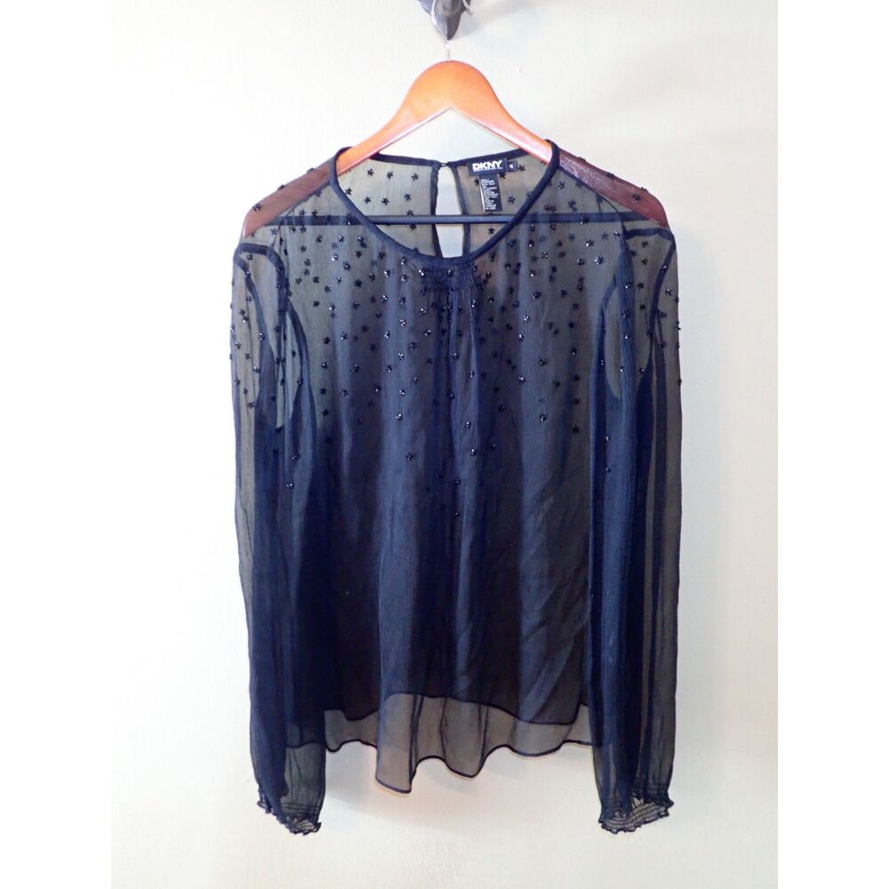 DKNY Black Sheer Beaded Glittery 100% Silk Size 14 Chiffon Whimsical Layering
